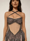 Singer Stage Nightclub Outfit Sexy Chic Gray Pink Glittering Beaded Fringed Halter Dress Performance Costume Dance Party