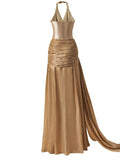 Solid Evening Spliced Folds Dress for Women Halter Sleeveless High Waist Pachwork See Through Backless Maxi Dresses Female