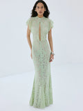 Elegant Lace Long Dress Women's Flying Sleeve Bodycon 2-piece Dress Evening Party Cocktail Female Winter Autumn