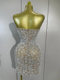 Women Sparkly Rhinestones Sexy Strapless Mesh See Through Mini Dress Birthday Party Evening Cocktail Dress Nightclub Stage Wear