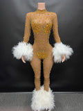 New Sexy See-through Red Fur Stone Club Wear Jumpsuit Long Women's Jumpsuit Rhinestone Mesh Jumpsuit
