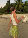 Women's Lime Green Sequined skirts Set 2 pieces sexy Spaghetti Strap Crop Top Mini Skirt with Tassel Lady Party Outfits