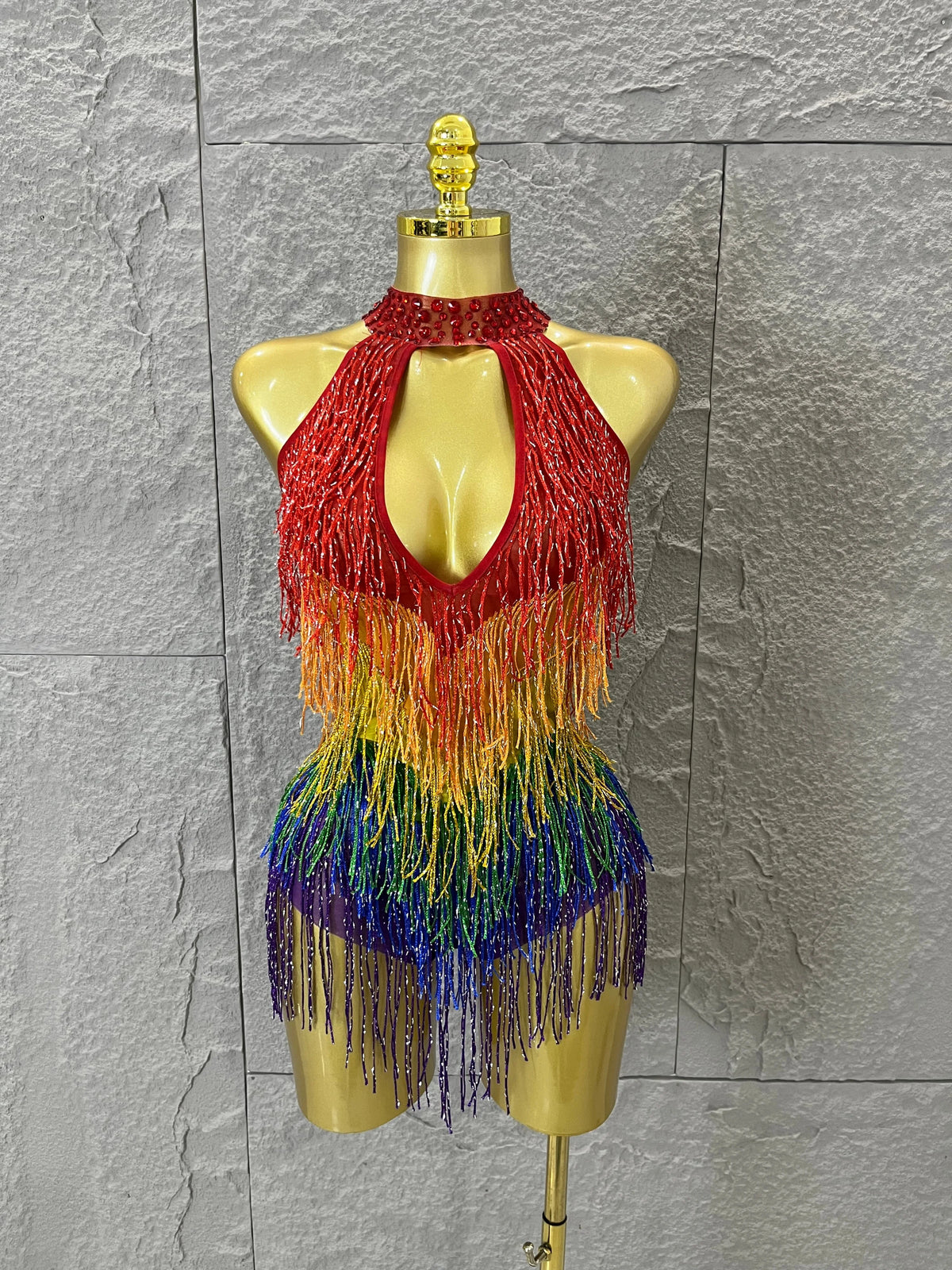 Sexy Rainbow Gradient Fringe Halter Bodysuit Rhinestone Choker Women Stage Performance Carnival Party Outfit