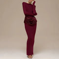 Elegant Style Pencil Dresses for Women O Neck Shoulder Pud Long Sleeve High Waist Pleated Slim Maxi Dress Female