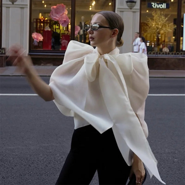 Women Bow Organza Blouses Solid Sheer O-neck Sleeveless Party Blouse 2026 Summer Lady Chic Holiday Streetwear New