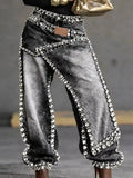 Women Jeans Wide Leg Layered Patchwork Washed Rhinestone Decor Asymmetric Streetwear Fashion Summer