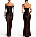 Elegant Satin Corset Long Dresses Women's One Shoulder Maxi Dress Evening Party Wedding Guest Blue Pink Prom Graduation Brown