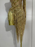 Sparkly Rhinestones Tassel Sexy See-Through Dress Women One Shoulder Latin Dance Outfits Bars Nightclub Party Stage Costume
