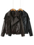 French Retro Pu Leather Jacket for Women Stand Collar Long Sleeve Patchwork Button Temperament Loose Coat Female