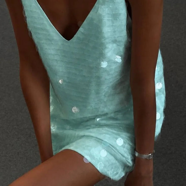 Sexy Beach Women's Summer Short Dress Loose Deep V-neck Sleeveless Backless Spaghetti Strap Sundress 2026 Solid Glitter Dresses