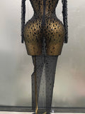 Sexy Shinny Rhinestone Stretch Mesh Transparent Long Dress 2025New Women Evening Birthday Party Prom Nightclub Singer Stage Wear