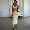 Women 2 Piece Set Sexy Halter Sleeveless Triangle Bra Crop Top Hollow Maxi Skirt Set Slim Knit Summer Beach Vacation Set