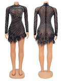 Sexy Pearls Rhinestone Party Dresses Women Elegant Nightclub Feather Birthday Dress Long Sleeve Mesh Sheer Bodycon Dress