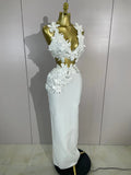 Sexy White Two Pieces Set Flowers V-Neck Tops Bodycon Long Dress Women Eveing Party Prom Gown Nightclub Celebrate Birthday Dress