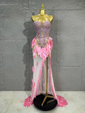 Strapless Rhinestone Evening Gown 3D Leaf Feather Appliques Sheer Mesh LongDress Prom Birthday Party Performance Formal Costume