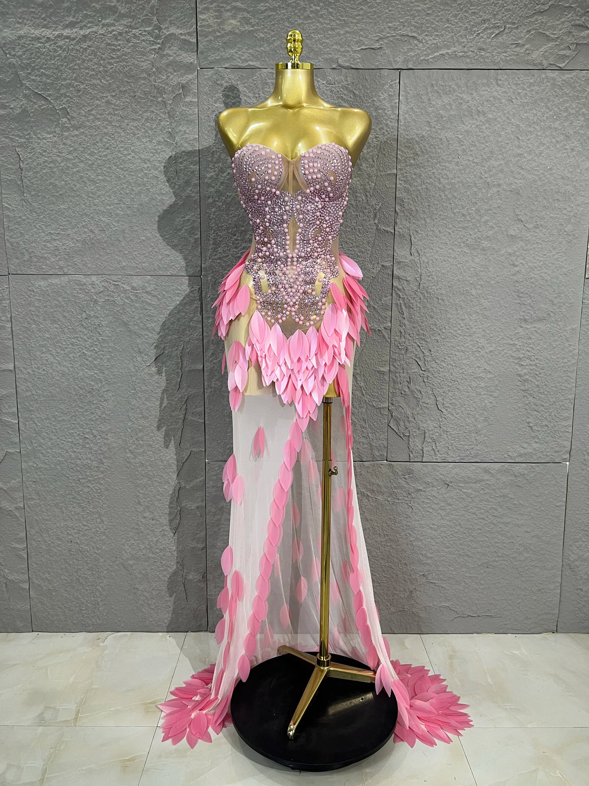Strapless Rhinestone Evening Gown 3D Leaf Feather Appliques Sheer Mesh LongDress Prom Birthday Party Performance Formal Costume