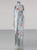 Bohemian Printed Asymmetrical Dress for Women Diagonal Collar Sleeveless High Waist Spliced Tassel Dresses Female