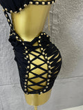Women Sexy Sparkly White Braided Halter Mini Dress Gold Bead Trim Cutout Sides Ideal Beach Parties Vacations Special Occasions