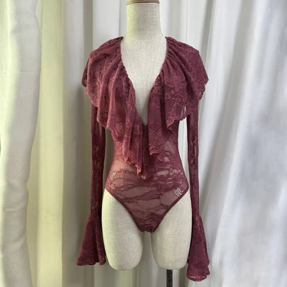 Sexy Club Burgundy Lace Plunge Bodysuit for Women Ruffled Design Long Flare Sleeves Slimming Bodysuits for Luxury Dinners