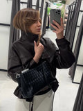 Elastic Drawstring Leather Jacket Zipper Stand Collar Long Sleeved Short Jackets Lady 2026 Autumn Women Chic Street Outerwear