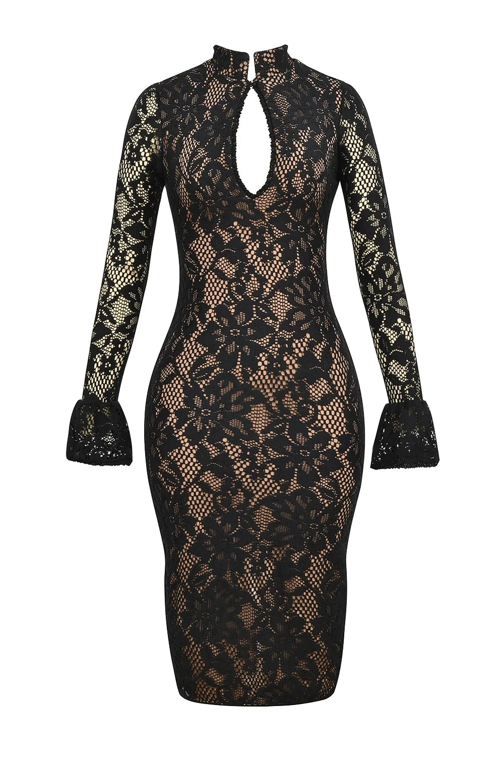 Solid Slimming Spliced Lace Fashion Dresses for Women Round Neck Long Sleeves Patchwork Hollow Out Dress Female New