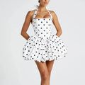 Spliced Lace Up Prom Dresses for Women Halter Sleeveless High Waist Dot Printing Sexy Fashionable Puff Dress Female