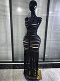 Black Color Women Sleeveless Sexy Square Collar Bodycon Fringes Bandage Long Dress Elegant Evening Party Celebrate Outfit