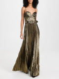 Gold Pleated Maxi Gala Dresses for Women Sleeveless High Waist Patchwork Sashes Spaghetti Strap Luxury Runway Dress Female