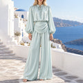 Satin Two Piece Set for Women Ruffle Mock Neck Long Lantern Sleeve Crop Top Pleated Wrap Wide Leg Pants for Vacation Daily