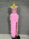 Sparkle Rhinestone Feather Sexy Mesh Long Dress Evening Party Birthday Performance Photoshoot Red Carpet Costume