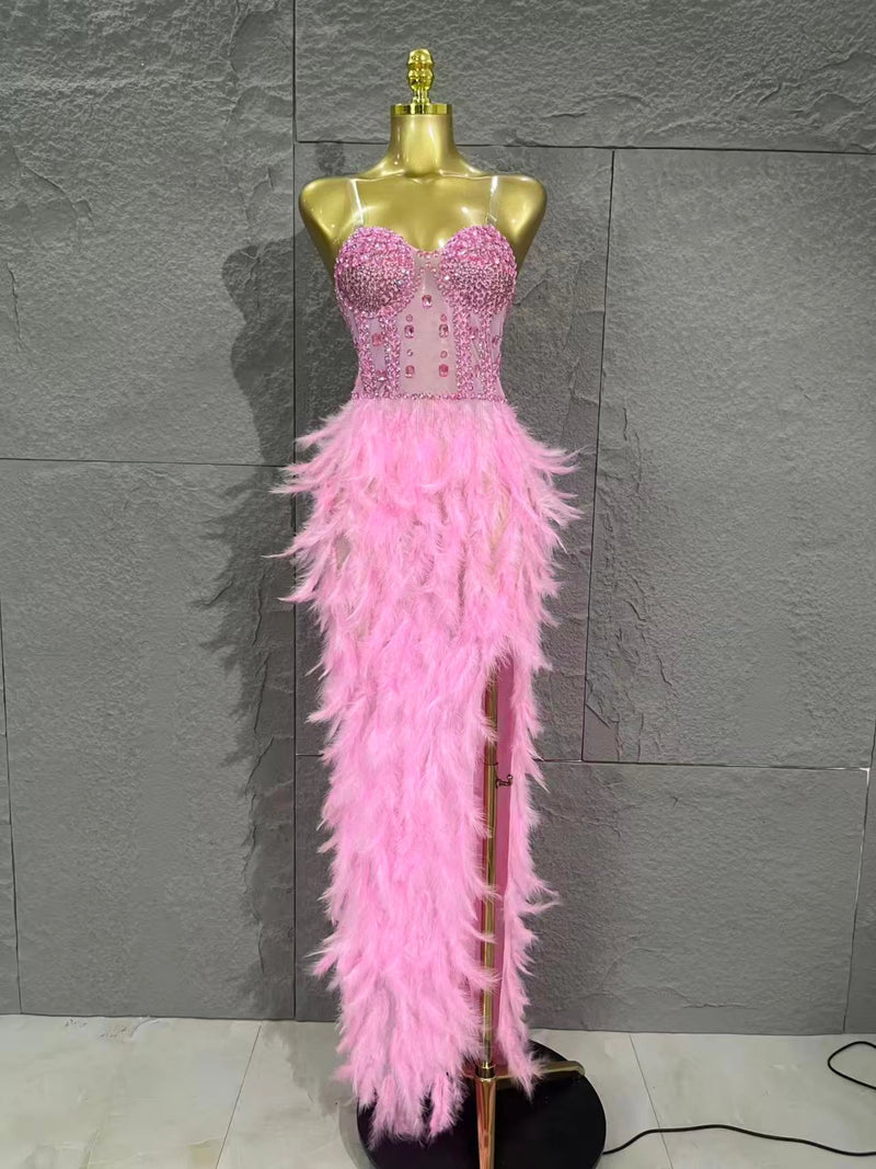 Sparkle Rhinestone Feather Sexy Mesh Long Dress Evening Party Birthday Performance Photoshoot Red Carpet Costume