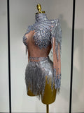 Women Long Sleeve Sexy Shinning Tassels Rhinestone Bodycon Bodysuit High Stretch Bar Dancer Nightclub Stage Wear Birthday Outfit