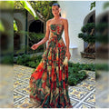 Lady Printed Strapless Dress Elegant Fashionable Colorful Waist Pleated Long Gowns Women Summer New Vacation Party Robes 2025