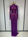 Sparkly Luxury Rhinstones Long Sleeve Elegant Party Dress Women 2025 Performance Stage Outfit Evening Birthday Prom Gown