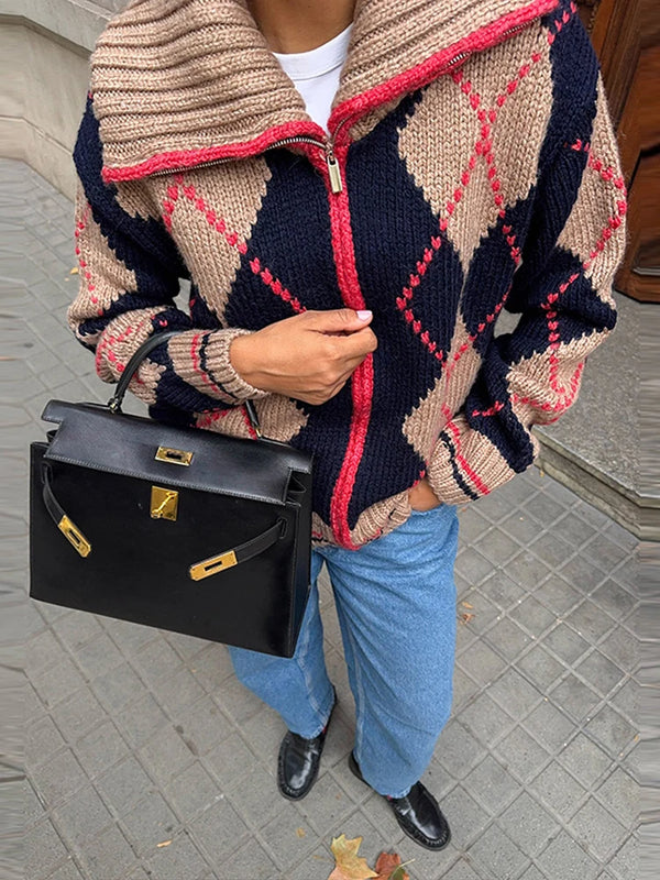 Women Color Block Argyle Knitted Cardigan Lapel Collar Zip Loose Long Sleeve Sweater 2026 Fashion Autumn Retro Casual Outerwear