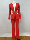 Red Sexy V-neck Long Sleeve Jacket+High Waist Flare Pants Blazer Set Women'S 2026 New Hollow Out Designer Two-Piece Set