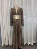 Glitter Deep V Flowy Floor Dress for Women Long Sleeve Ruched Bodice Gold Decorated Wide Waistband A Line Length for Party