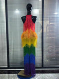Rainbow Color Women Sexy Off the Shoulder Fringes Bodycon Long Gowns Dress Elegant Evening Party Celebrate Prom Outfit