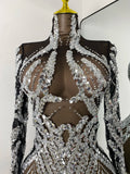 Sparkly Sequins Rhinestones Women Sexy Black Mesh See Through Long Sleeve Party Nightclub Performance Costume Stage Wear