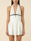 Polka Dot Halter Mini Dress for Women Sleeveless Bow Accent Waist Pleated Bodice Flared Skirt for Fashion Parties