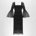 Women's Black Sheer Mesh Trumpet Sleeve Square Neck Waist-Cinching Dress Elegant Evening Performance Gown Vestidos De Bienvenida