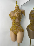 Sparkly Red Rhinestones Women Sexy Mesh See Through High Stretch Bodysuit Nightclub Performance Dance Costume Singer Stage Wear