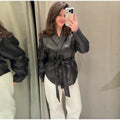 Women's Chic Lapel Oversized PU Leather Jacket Casual Full Sleeve Drop Shoulder Belted Coat Lady 2026 Spring Chic Streetwear