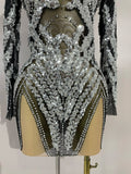 Sparkly Rhinestones Sexy Mesh Transparent Mini Dress Eveing Birthday Party Dance Nightclub Fashion Show Stage Costumes