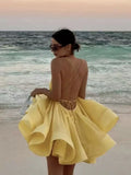 2026 New Sexy Deep V-Neck Spaghetti Strap Pleated Puffy Dress For Women Female Lace Up Backless Solid Short Dress