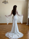 Flare Sleeves High Neck Mermaid Maxi Dress Corset Bodice Floral Lace Bridal Reception Long Train Formal Evening Gala 2026