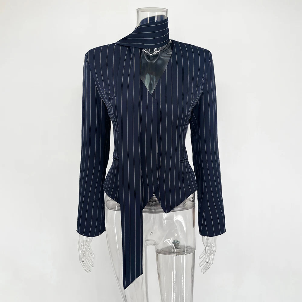 Stripe Tailored Coat For Women Lace Up V Neck Long Sleeves Coat Female Fashion Elegant High-End Formal Tailored Coat