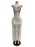 Sexy Cutout Crochet Beach Dress 2026 Summer Women One Shoulder Backless Knitted Sequined Fringe Tassel Midi Dress Clubwear
