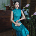 Retro Blue Cheongsam New Chinese Style Improved High-end Temperament Long Style Slim Fit Slimming Female Qipao Dress