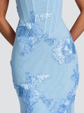 Hot Girl Blue Maxi Dresses for Women Square Collar Sleeveless Patchwork Embroidery Party Fishtail Dress Female New